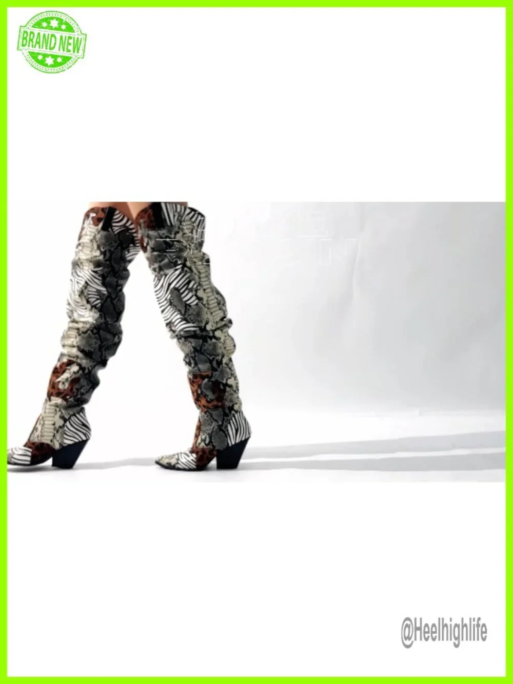Thigh High Cowboy Boots Chunky Heel Faux Snakeskin Western Booties Slip